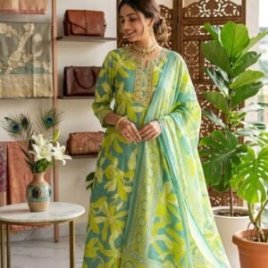 Pure Jaam Satin Embroidered Churidar Material – Aqua & Lime Floral