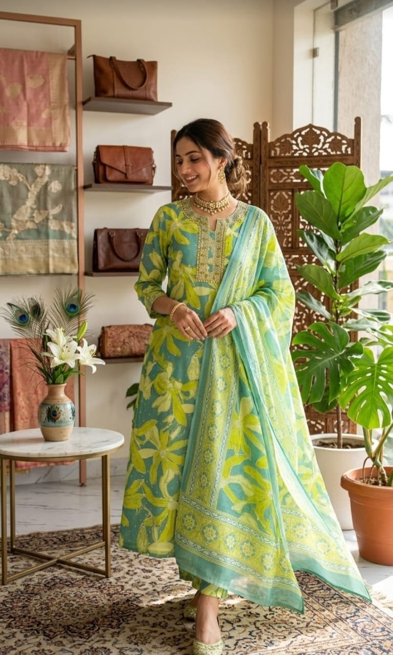 Pure Jaam Satin Embroidered Churidar Material – Aqua & Lime Floral