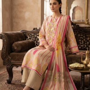 Pure Jaam Satin Embroidered Churidar Material – Beige & Pink Geometric