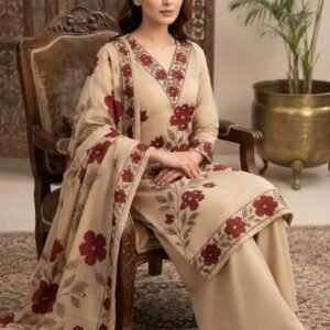 Pure Jaam Satin Embroidered Churidar Material – Beige & Red Floral