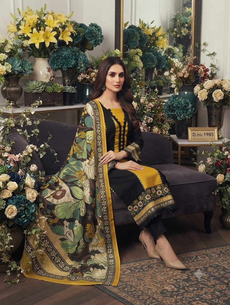 Pure Jaam Satin Embroidered Churidar Material – Black & Mustard Floral