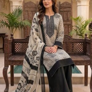 Pure Jaam Satin Embroidered Churidar Material – Black & White Geometric