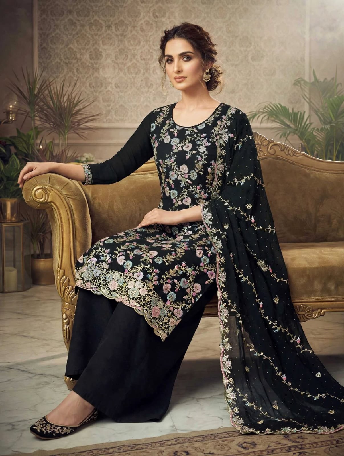 Soft Georgette Heavy Embroidered Churidar Material – Black