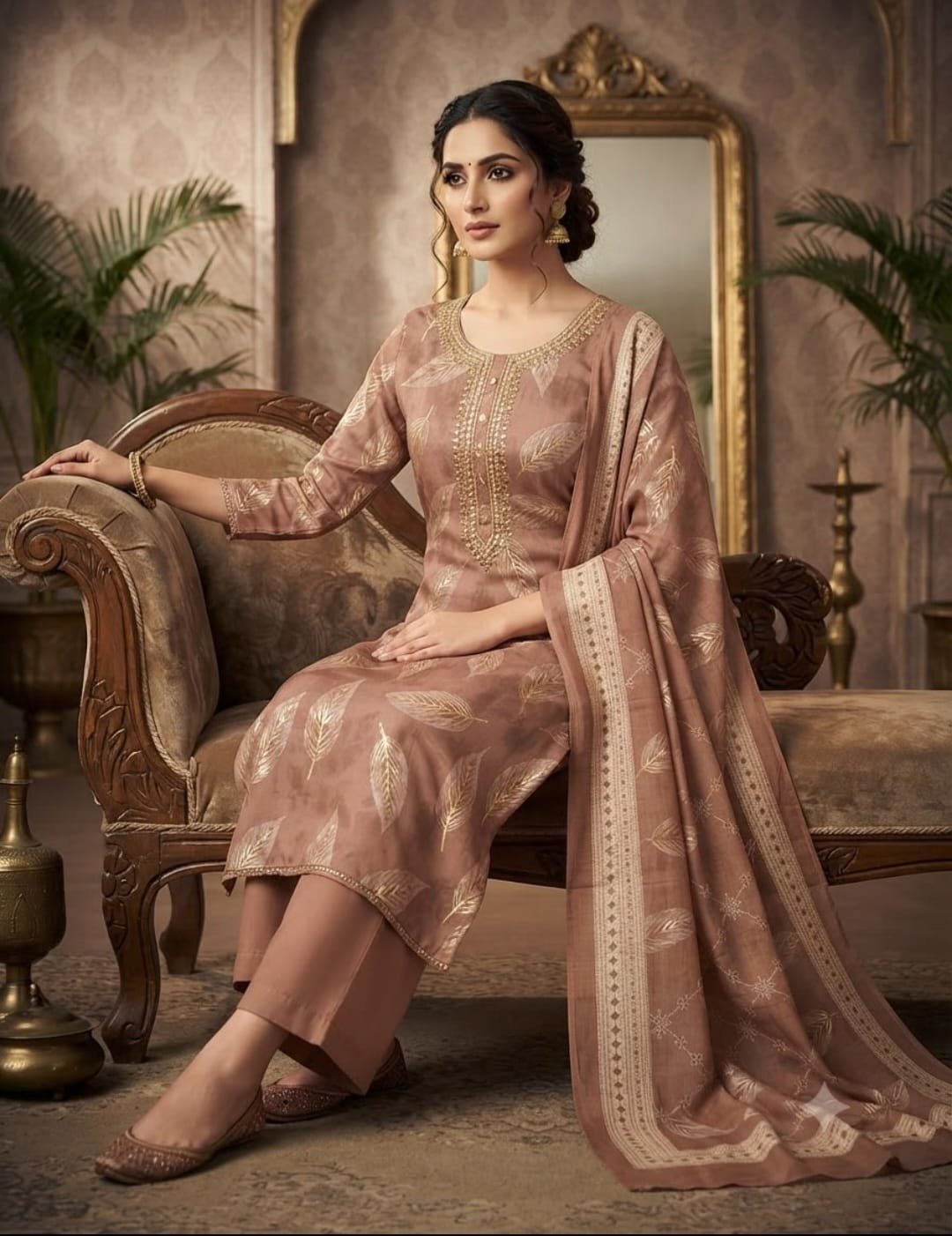 Pure Jaam Satin Embroidered Churidar Material – Blush Leaf