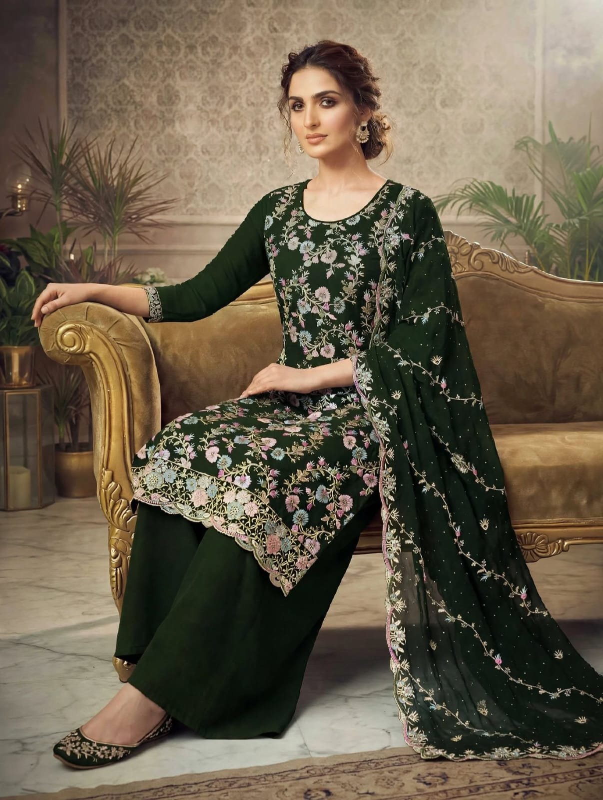 Soft Georgette Heavy Embroidered Churidar Material – Deep Green