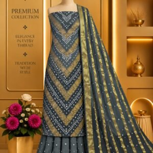 Satin Zari Hand Bandhani Churidar Material – Design 02 – Charcoal & Gold