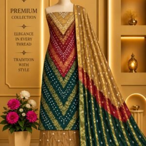 Satin Zari Hand Bandhani Churidar Material – Design 03 – Mustard, Maroon & Teal
