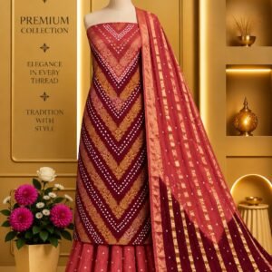 Satin Zari Hand Bandhani Churidar Material – Design 04 – Maroon & Coral