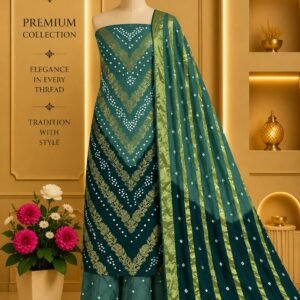 Satin Zari Hand Bandhani Churidar Material – Design 05 – Teal & Green