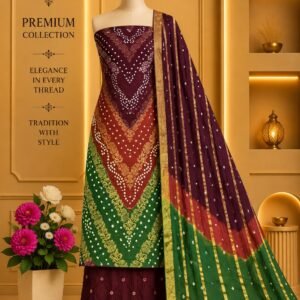 Satin Zari Hand Bandhani Churidar Material – Design 06 – Plum, Rust & Green
