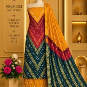 Satin Zari Hand Bandhani Churidar Material – Design 07 – Mustard, Red & Teal