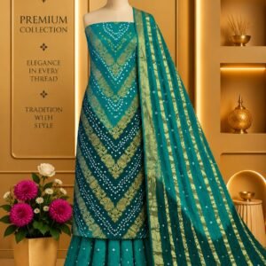 Satin Zari Hand Bandhani Churidar Material – Design 08 – Turquoise & Gold