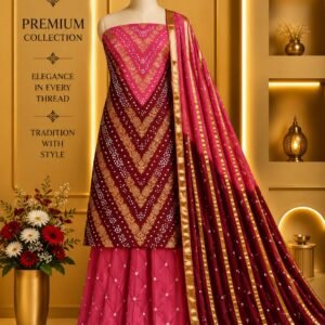 Satin Zari Hand Bandhani Churidar Material – Design 09 – Pink & Maroon