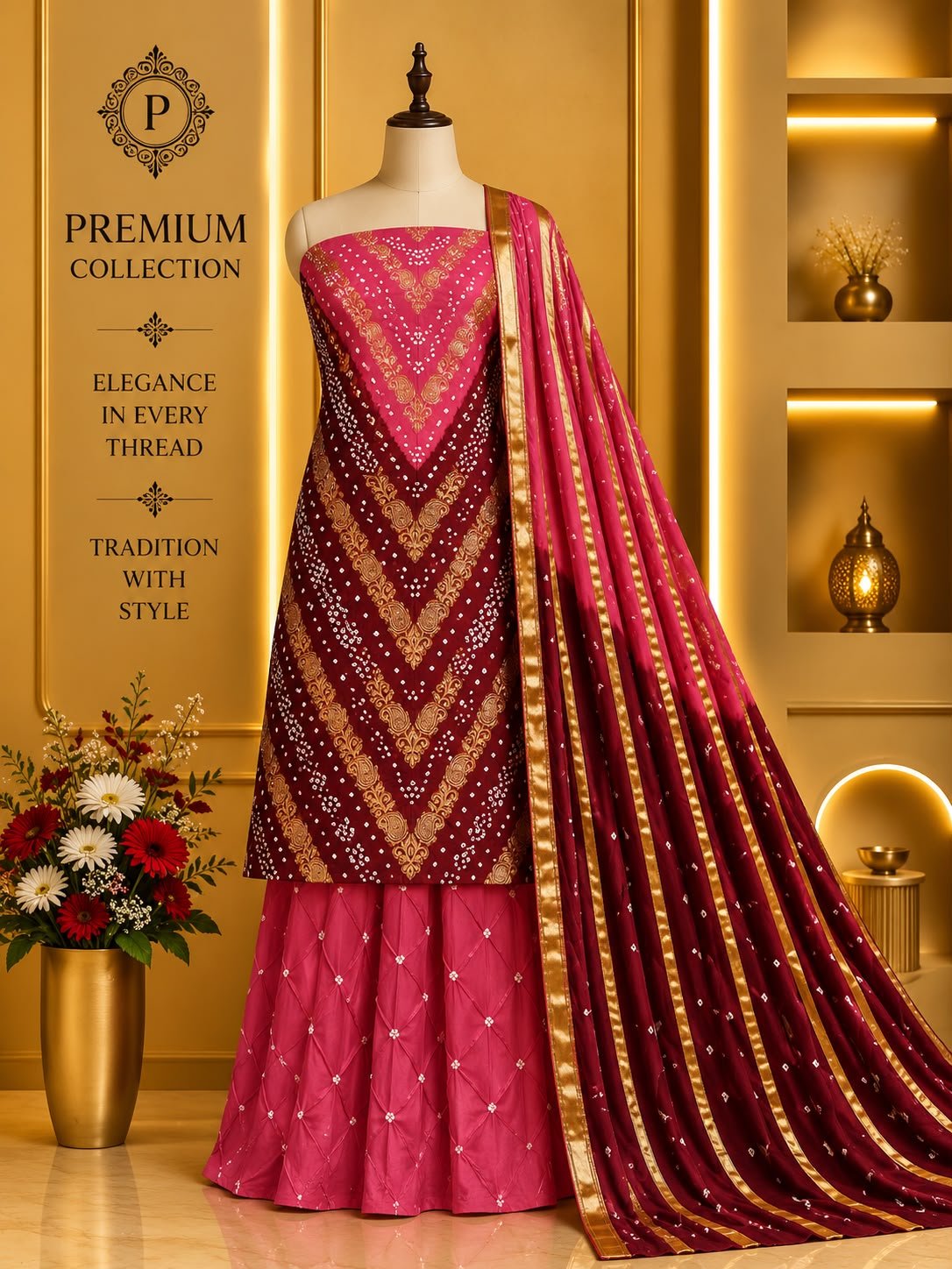Satin Zari Hand Bandhani Churidar Material – Design 09 – Pink & Maroon