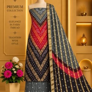 Satin Zari Hand Bandhani Churidar Material – Design 10 – Charcoal & Red