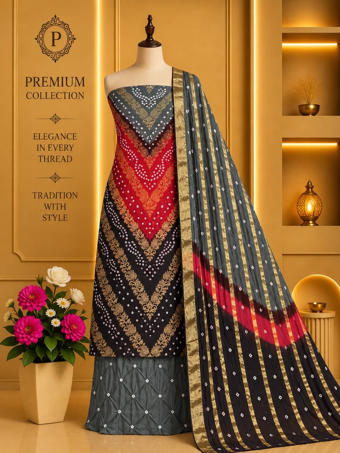 Satin Zari Hand Bandhani Churidar Material – Design 10 – Charcoal & Red