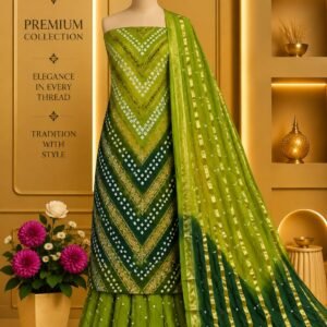 Satin Zari Hand Bandhani Churidar Material – Design 11 – Lime & Green