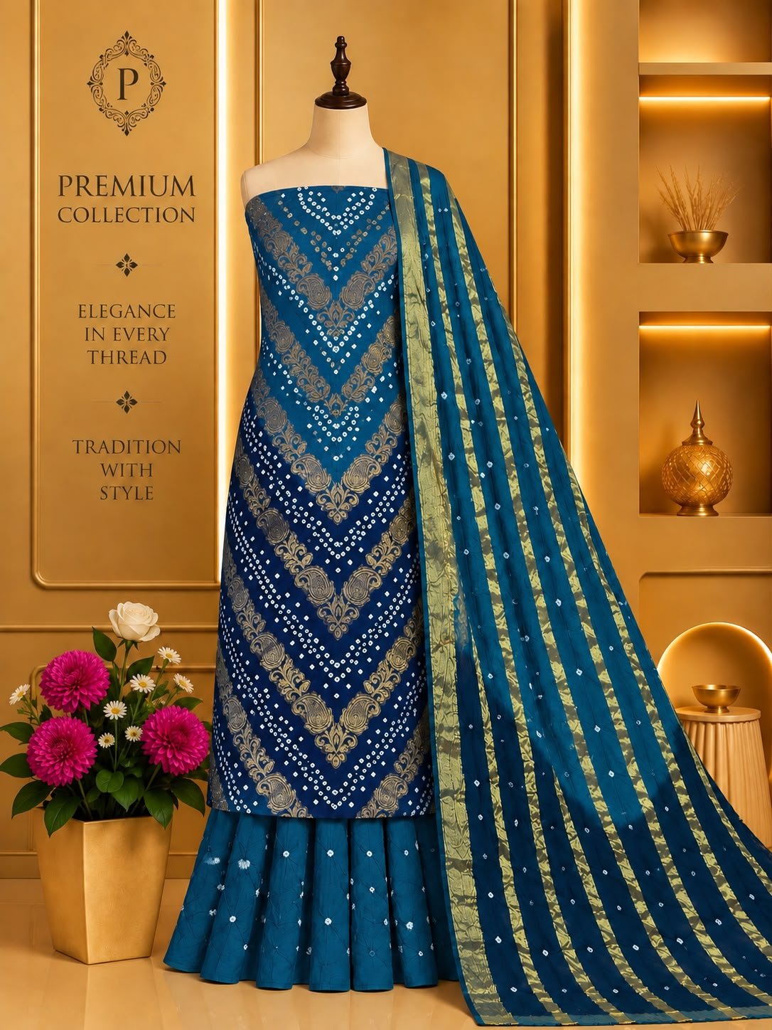 Satin Zari Hand Bandhani Churidar Material – Design 13 – Royal Blue
