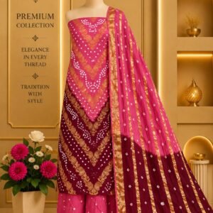 Satin Zari Hand Bandhani Churidar Material – Design 15 – Fuchsia & Maroon