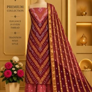 Satin Zari Hand Bandhani Churidar Material – Design 16 – Rose & Maroon