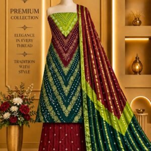 Satin Zari Hand Bandhani Churidar Material – Design 17 – Lime, Maroon & Teal
