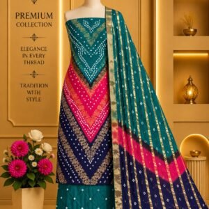 Satin Zari Hand Bandhani Churidar Material – Design 18 – Teal, Pink & Navy