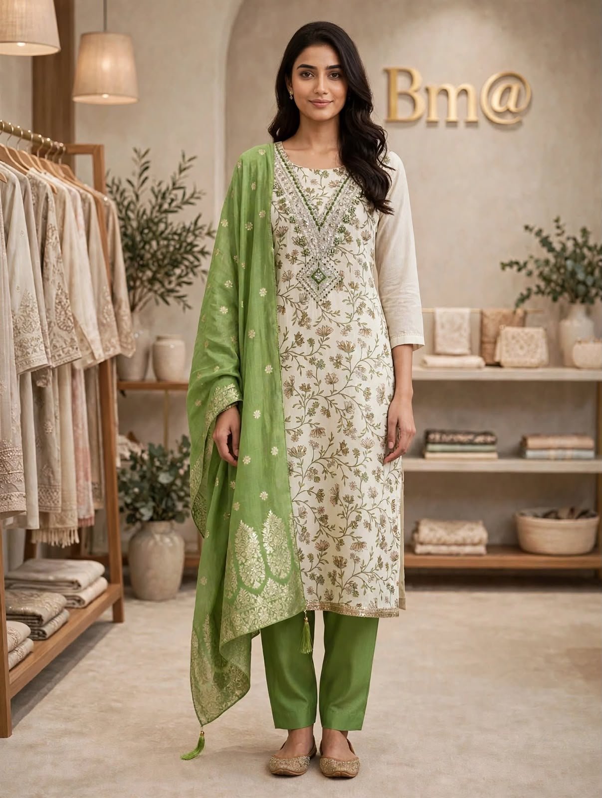 Limited Edition Printed Silk Churidar Material – Green