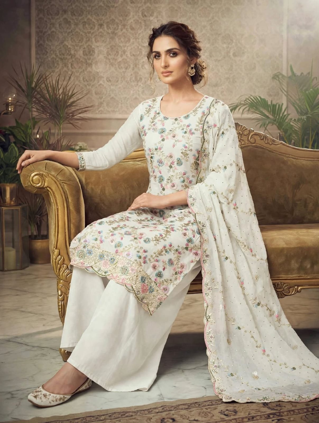 Soft Georgette Heavy Embroidered Churidar Material – Ivory