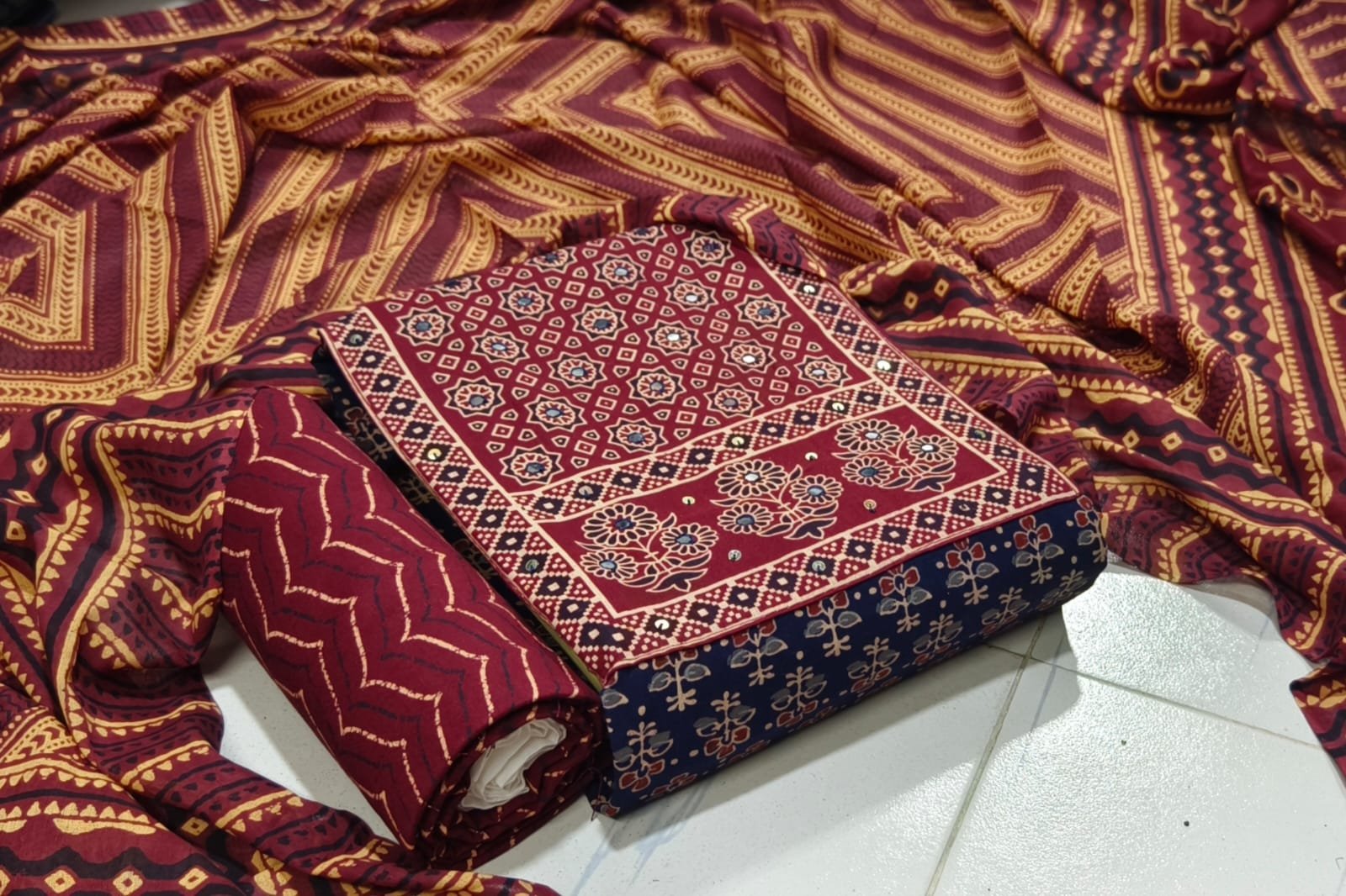 Cotton Ajrakh Patch Embroidered Churidar Material – Maroon