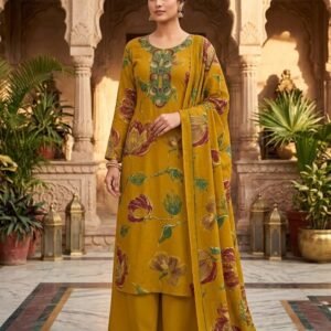 Pure Jaam Satin Embroidered Churidar Material – Mustard & Maroon Floral