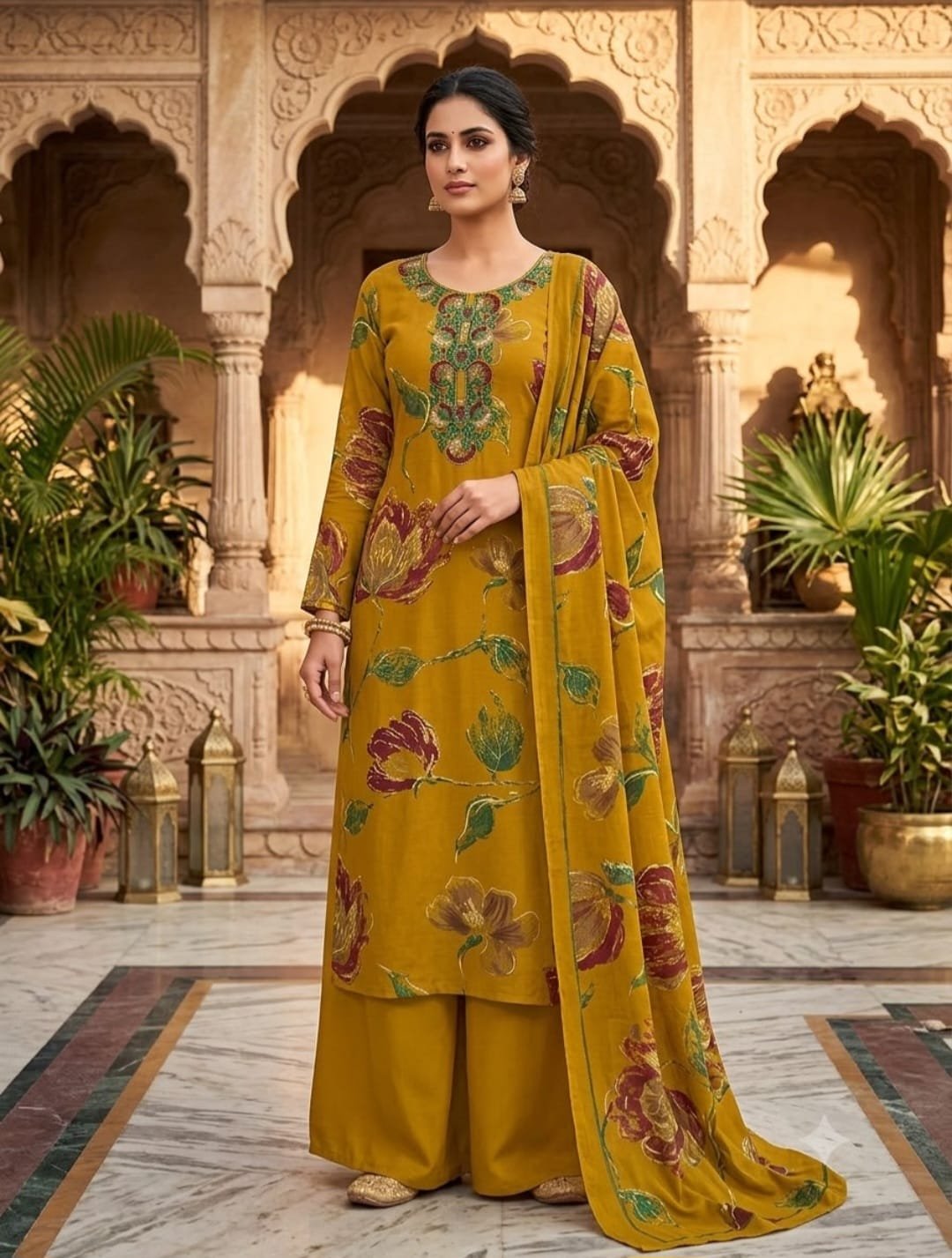 Pure Jaam Satin Embroidered Churidar Material – Mustard & Maroon Floral