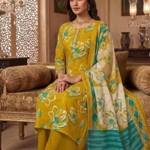 Pure Jaam Satin Embroidered Churidar Material – Mustard & Teal Floral