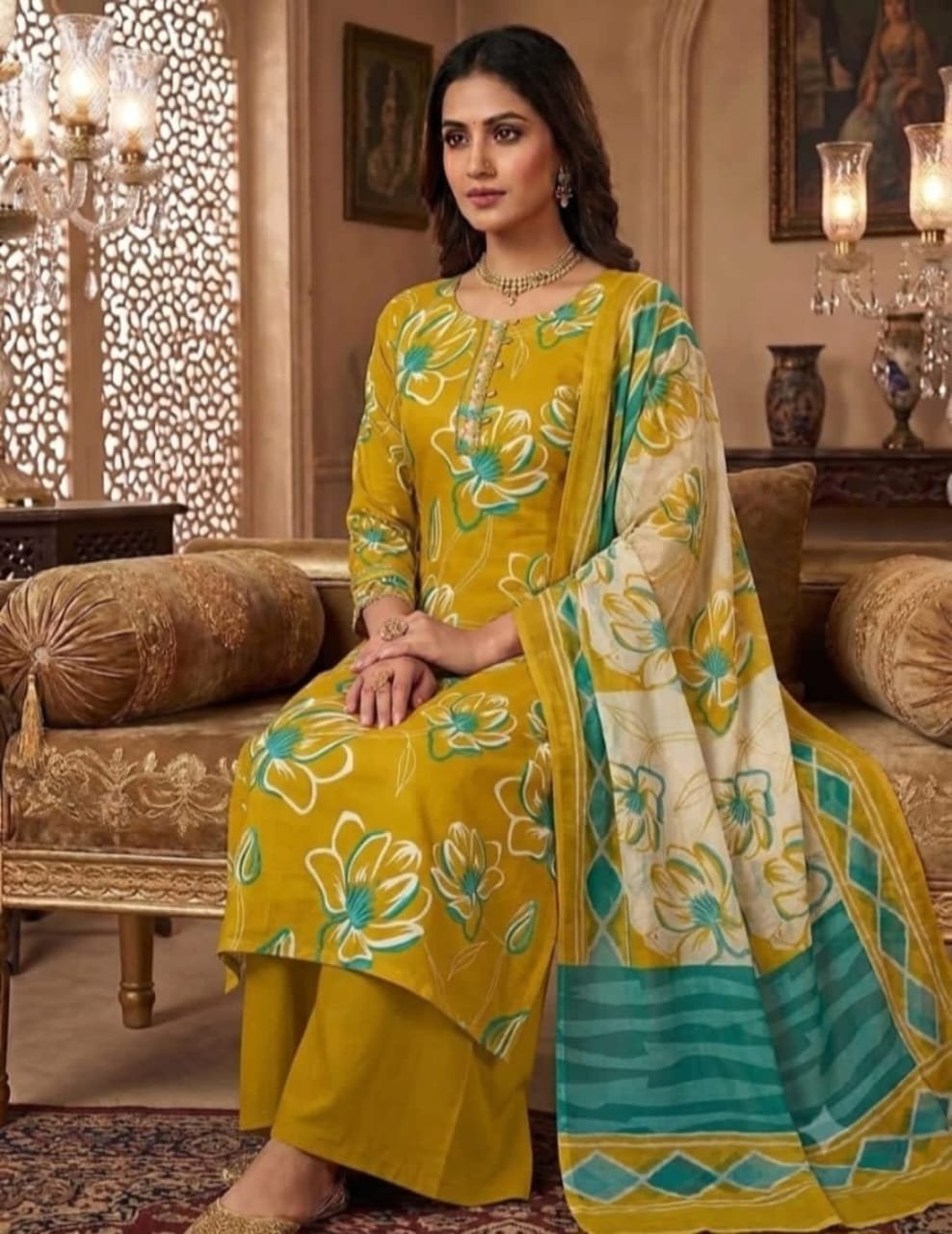 Pure Jaam Satin Embroidered Churidar Material – Mustard & Teal Floral