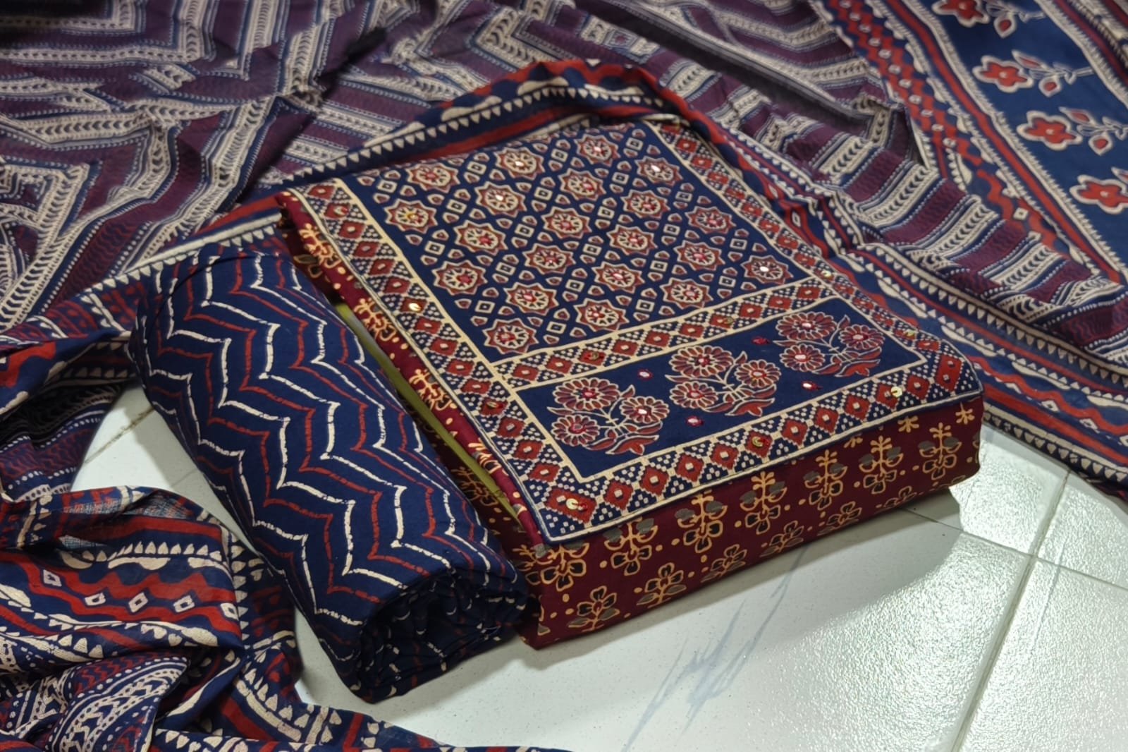 Cotton Ajrakh Patch Embroidered Churidar Material – Navy