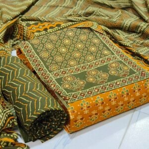Cotton Ajrakh Patch Embroidered Churidar Material – Olive