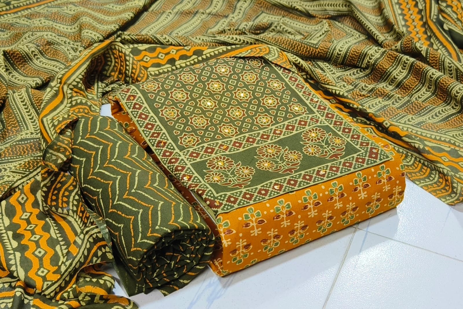 Cotton Ajrakh Patch Embroidered Churidar Material – Olive