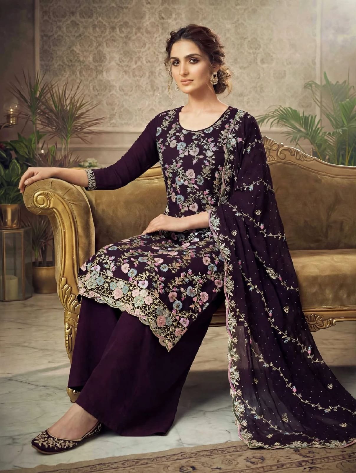 Soft Georgette Heavy Embroidered Churidar Material – Plum