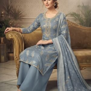Pure Jaam Satin Embroidered Churidar Material – Powder Blue Leaf