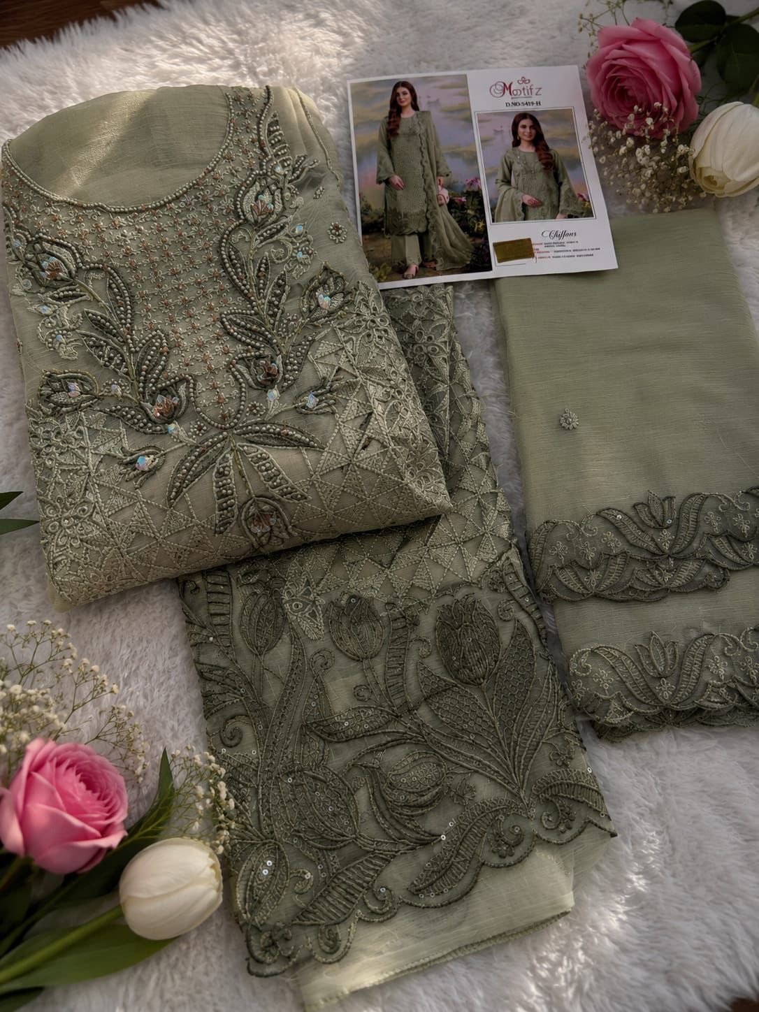 Chiffon Khatli Embroidered Churidar Material – Sage