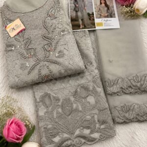 Chiffon Khatli Embroidered Churidar Material – Silver Grey