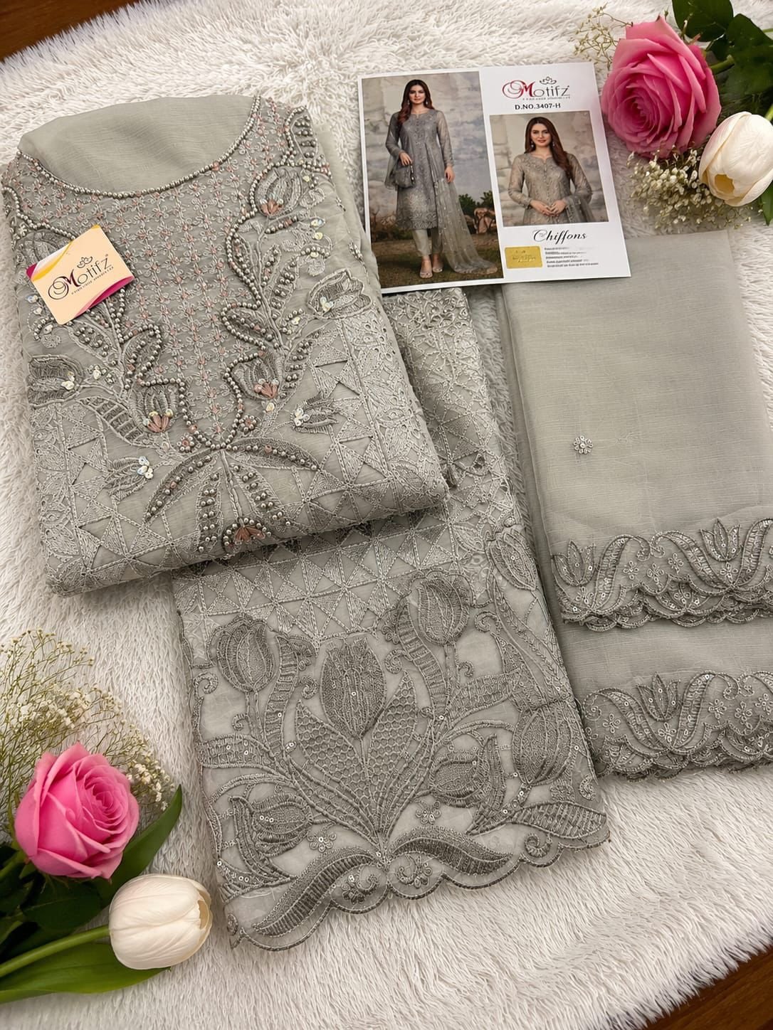 Chiffon Khatli Embroidered Churidar Material – Silver Grey