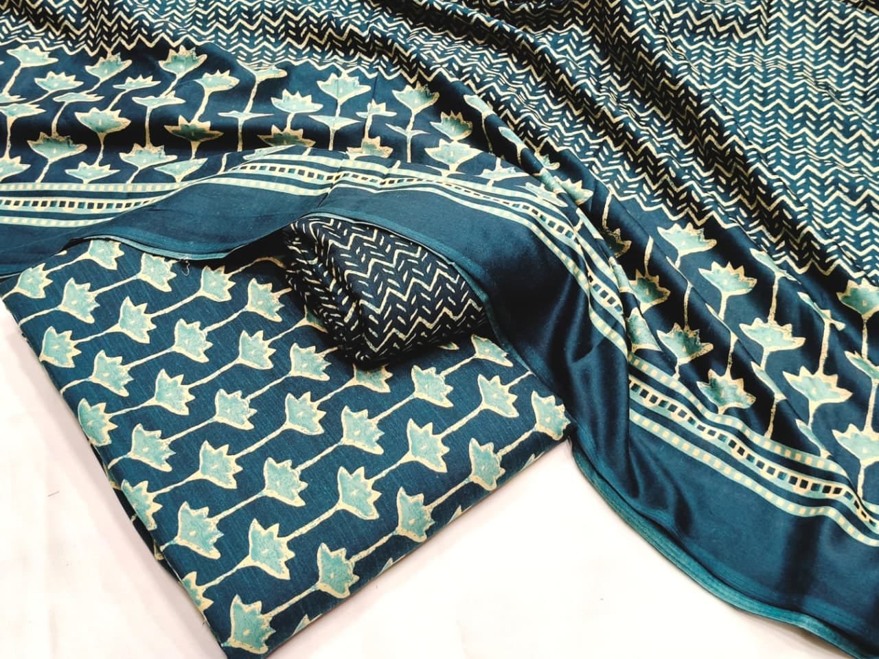 Original Rayon Jaipuri Print Churidar Material – Teal Lotus
